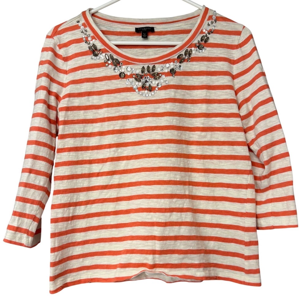 Talbots Petites Womens Embellished Neckline 3/4 Sleeve Top LP Orange White